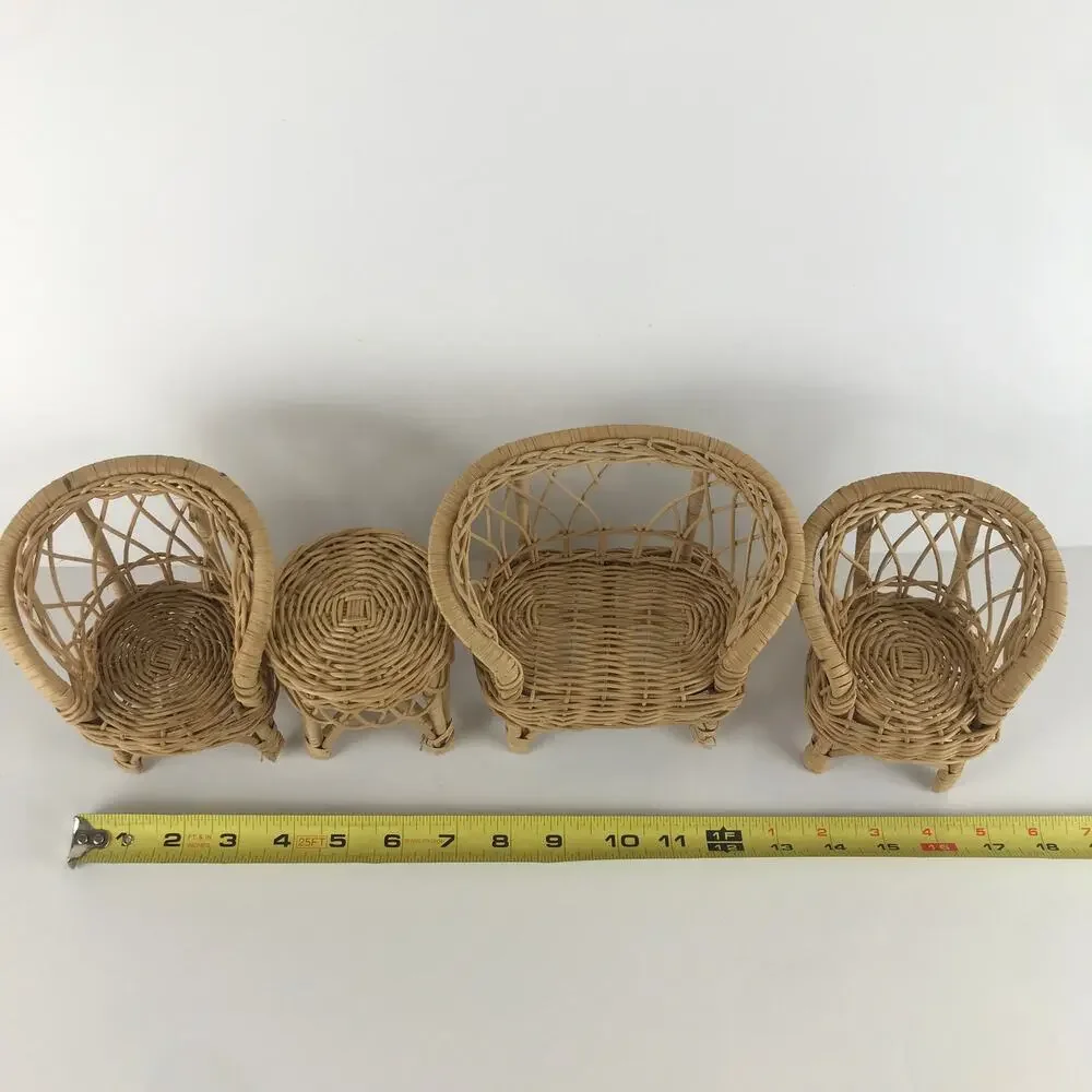 Vintage Fashion Doll Wicker Rattan Toy Furniture Set Loveseat Chair Table Mini